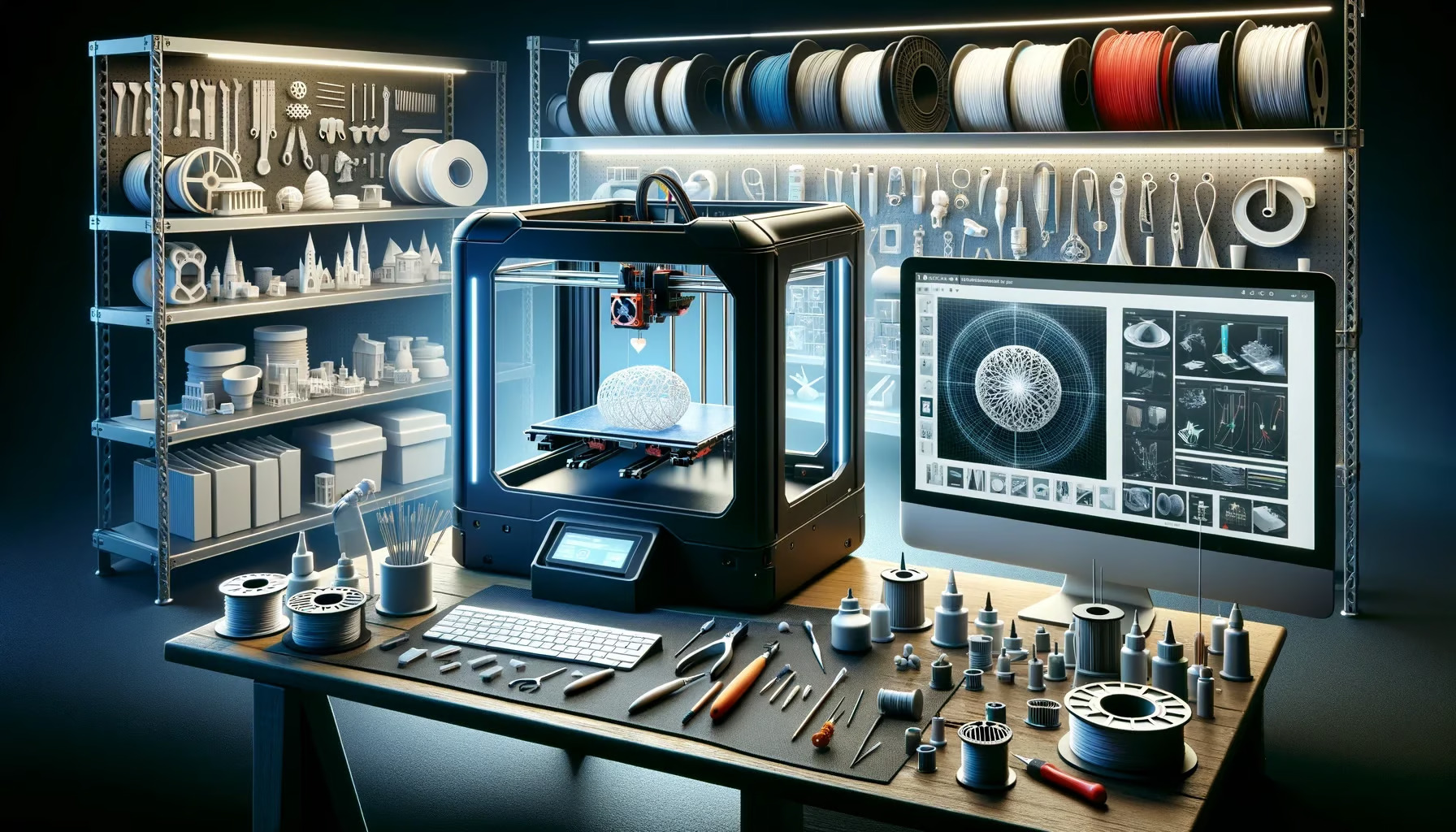 Workspace showcasing precision 3D prints